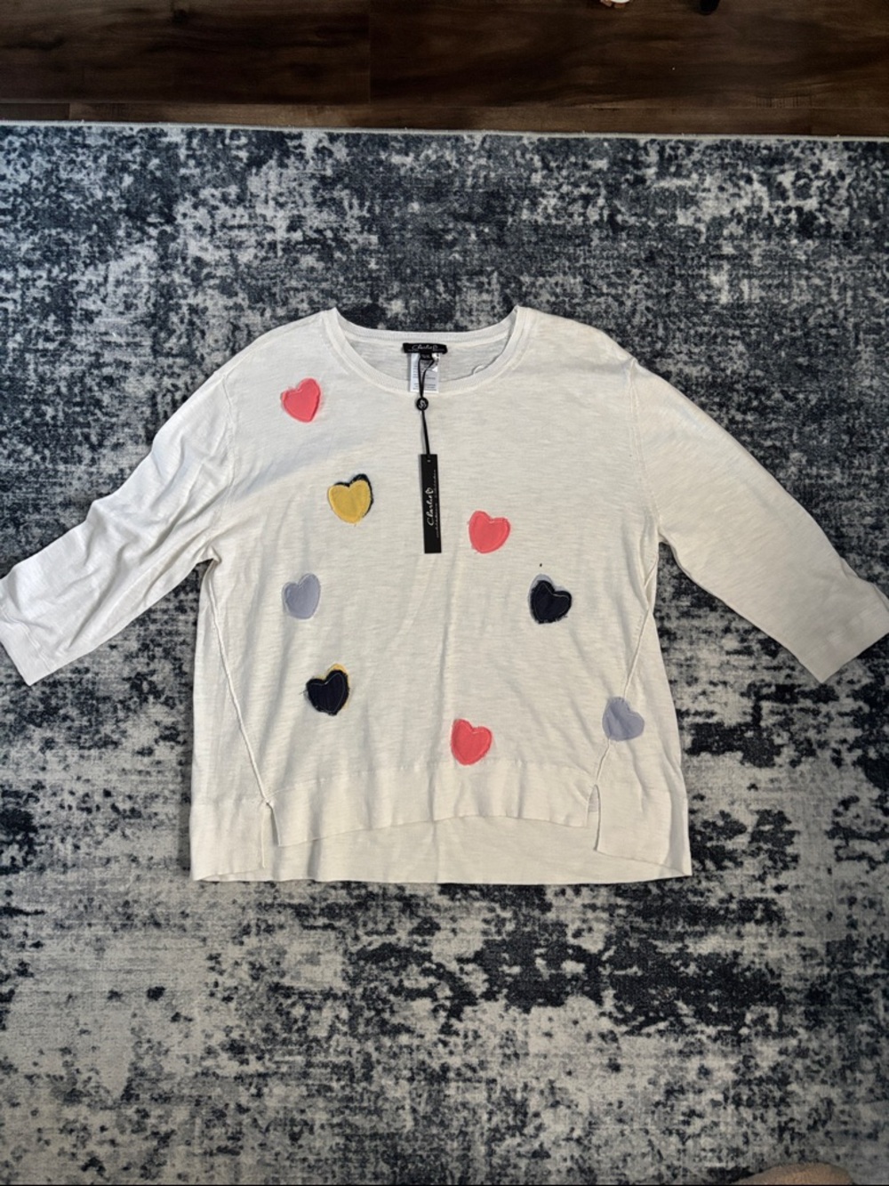 CHARLIE B White Sweater with Pink, Yellow, Navy, Lavender Heart Patches